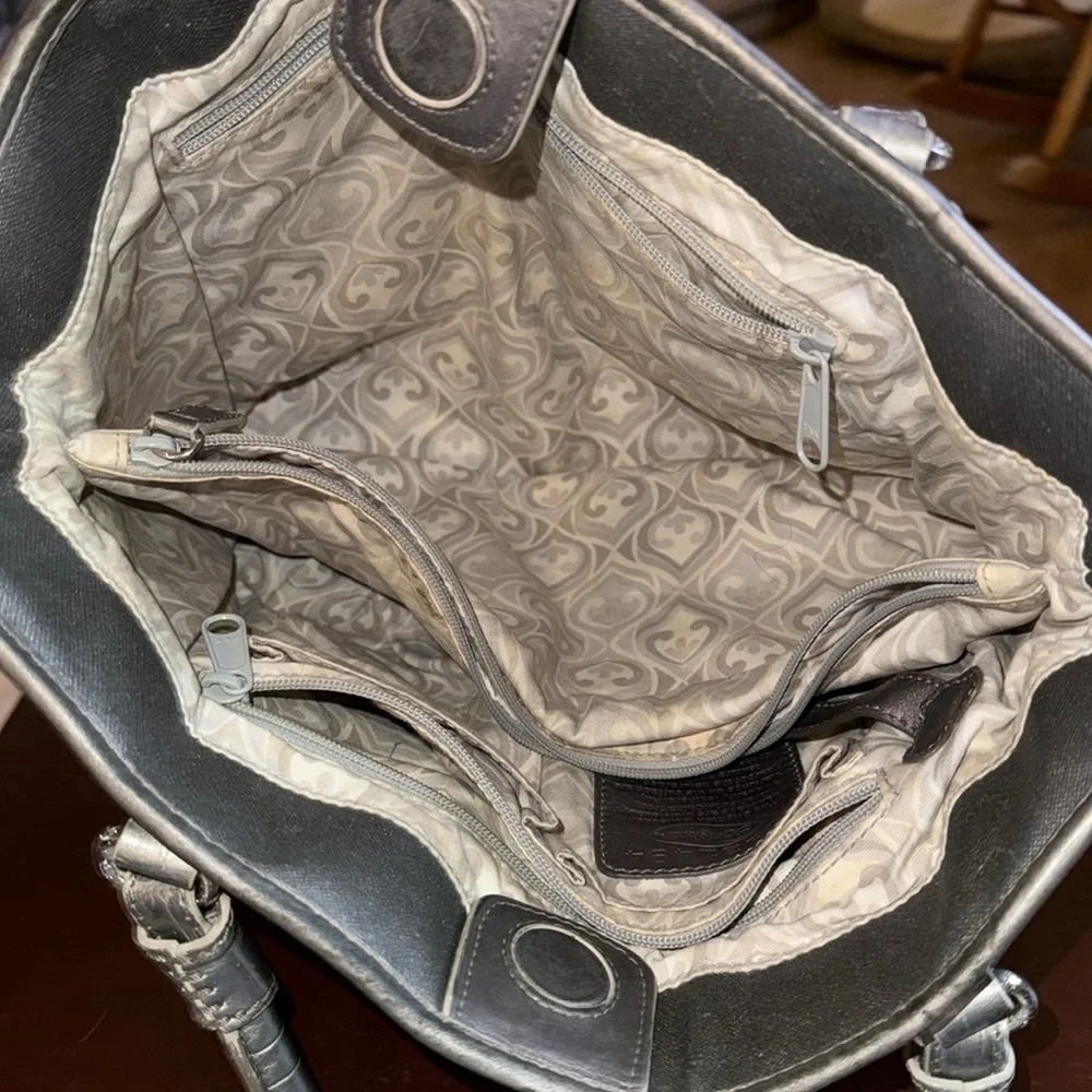 Brighton Silver Coated Canvas Satchel Tote Leather Trim Large Bag Rare